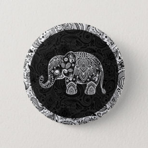 Weiße Paisley Elephant Black Damasks Hintergrund Button