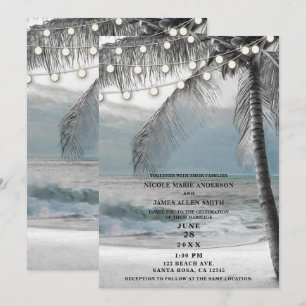 Weiße Palm-Kokosnusswand & Lichter Strandhochzeit Einladung