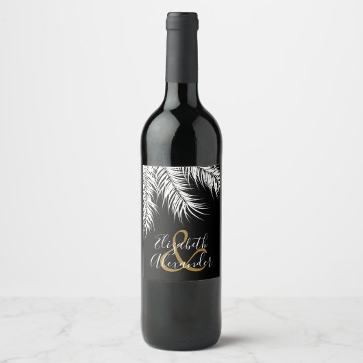 Weiße Palmen Fronten auf schwarz Weinetikett (Vorderseite)