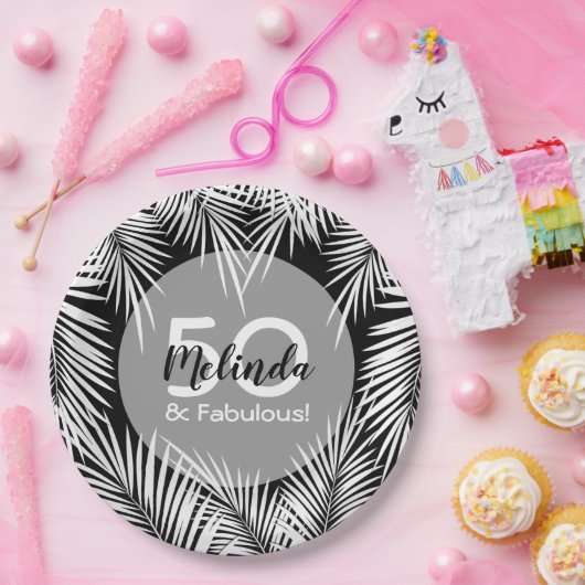 Weiße Palmen in schwarztropischer Farbe Pappteller (Party)