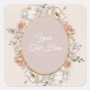 Weiße Päonie & Blush-Rosen-Blumenhochzeit Quadratischer Aufkleber