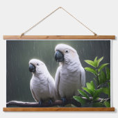 Weiße Papageien in Regen Wandteppich Mit Holzrahmen (Vorne)