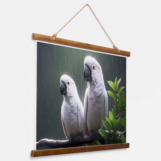 Weiße Papageien in Regen Wandteppich Mit Holzrahmen (Gewinkelt)