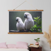 Weiße Papageien in Regen Wandteppich Mit Holzrahmen (Schlafzimmer)