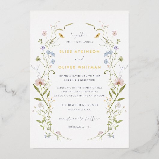 Weiße Pastell-Wildblume Folieneinladung (Vorderseite)