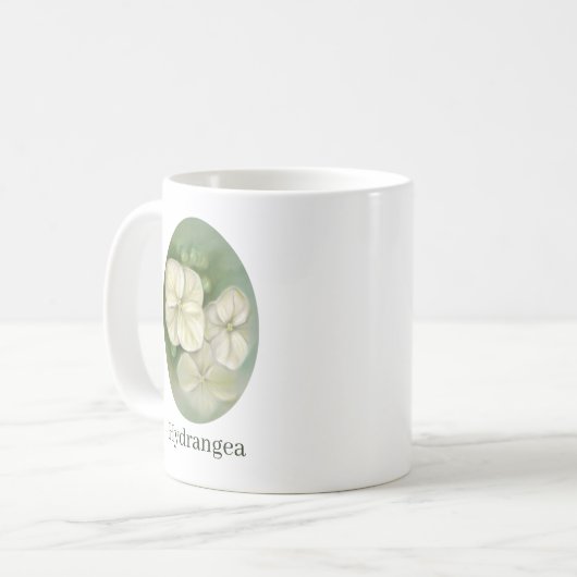 Weiße Pastelle Hydrangea Blütencreme Kaffeetasse (Vorderseite Links)