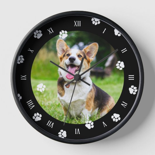 Weiße Paw druckt Schwarz-Rahmen-Hund-Foto Uhr (Vorderseite)