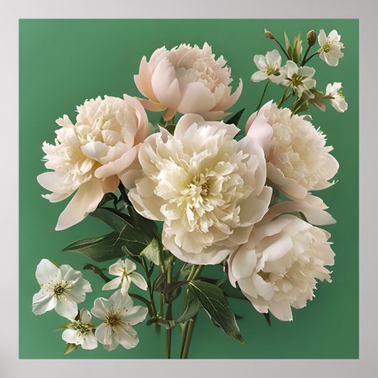Weiße Peonies mit Frühlingsblumen auf Grün Poster (Vorne)