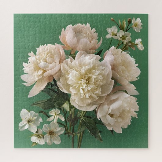Weiße Peonies mit Frühlingsblumen auf Grün Puzzle (Vertikal)