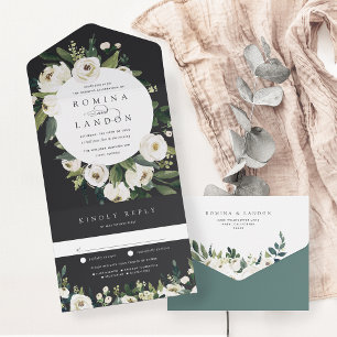 Weiße Peony Aquarell-Blumenrahmen-Hochzeit All In One Einladung