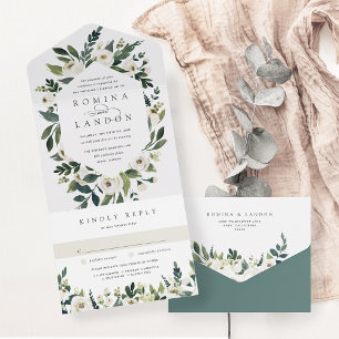 Weiße Peony   Aquarell-Blumenrahmen Hochzeit All In One Einladung