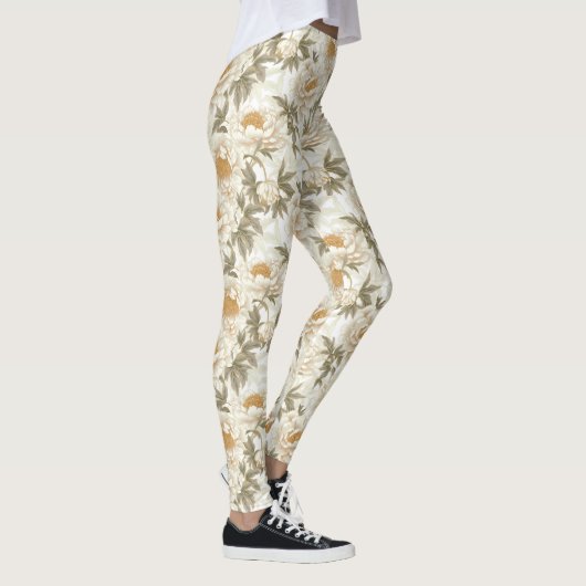 Weiße Peony Floral Pattern Leggings (Rechts)