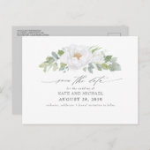 Weiße Peony und Aquarellgrüne Save the Date Postkarte (Vorne/Hinten)