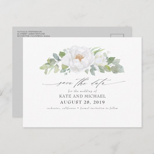 Weiße Peony und Aquarellgrüne Save the Date Postkarte (Vorne/Hinten)