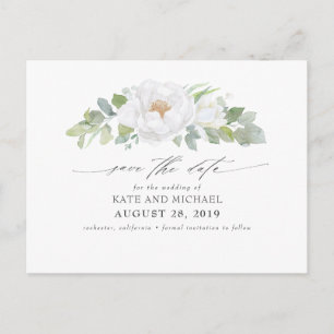 Weiße Peony und Aquarellgrüne Save the Date Postkarte