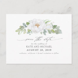 Weiße Peony und Aquarellgrüne Save the Date Postkarte