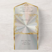 Weiße Perle, Gold Blätter, Tauben & Herz All In One Einladung (Außenbereich)