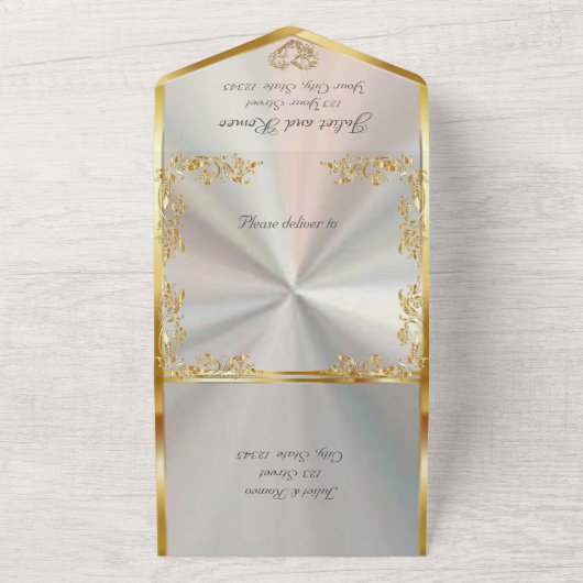 Weiße Perle, Gold Blätter, Tauben & Herz All In One Einladung (Außenbereich)