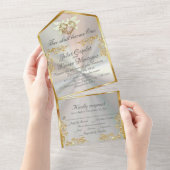 Weiße Perle, Gold Blätter, Tauben & Herz All In One Einladung (Abreißen)