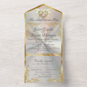 Weiße Perle, Gold Blätter, Tauben & Herz All In One Einladung (Innen Boden)