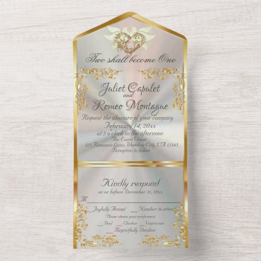 Weiße Perle, Gold Blätter, Tauben & Herz All In One Einladung (Innen Boden)