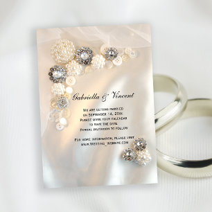 Weiße Perlen-Diamantknöpfe Hochzeit Termin vormerk Einladung