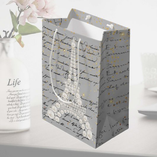 Weiße Perlen Eiffelturm Mittlere Geschenktasche Geschenktüte