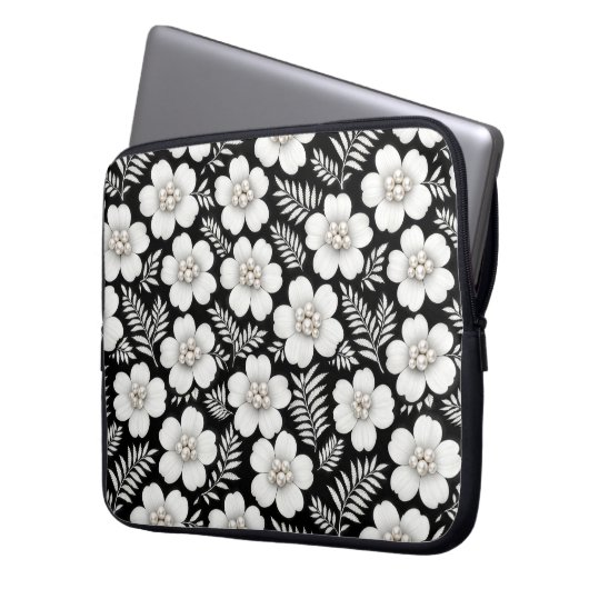Weiße Perlen in Blumenmuster Laptopschutzhülle (Vorderseite Links)
