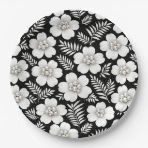Weiße Perlen in Blumenmuster Pappteller