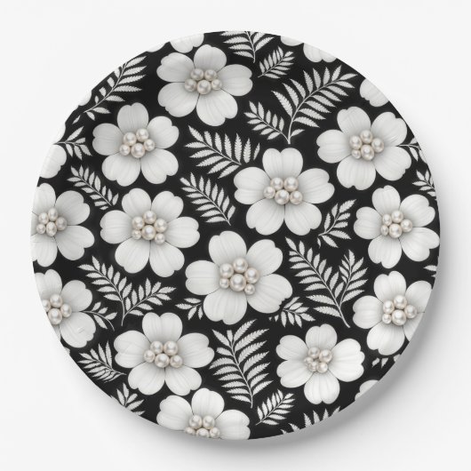 Weiße Perlen in Blumenmuster Pappteller (Vorderseite)