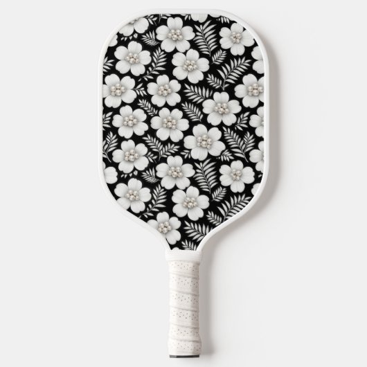 Weiße Perlen in Blumenmuster Pickleball Schläger (Vorderseite)