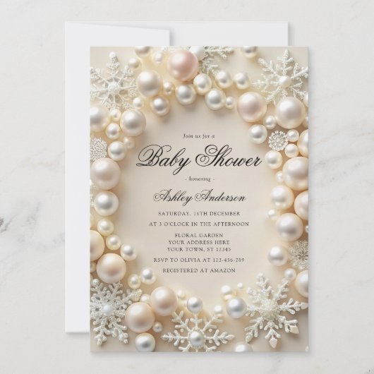Weiße Perlen mit Schneeflocken Babydusche Einladung (Vorderseite)