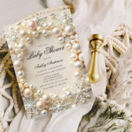 Weiße Perlen mit Schneeflocken Babydusche Einladung