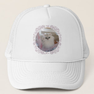 Weiße Perserkatze auf einem rosa Stuhl Truckerkappe