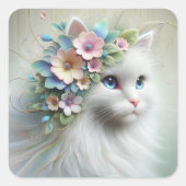 Weiße Perserkatze mit Blütenlaurel Quadratischer Aufkleber (Vorderseite)