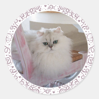 Weiße persische Katze auf rosa Stuhl Runder Aufkleber