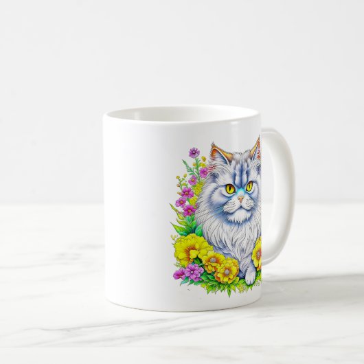 Weiße persische Katze bei Blume Kaffeetasse (VorderseiteRechts)