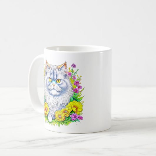 Weiße persische Katze bei Blume Kaffeetasse (Vorderseite Links)