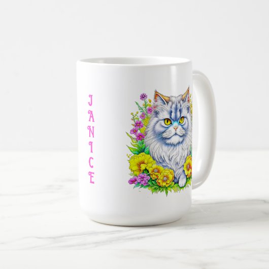 Weiße persische Katze bei Blume Personalisiert Kaffeetasse (VorderseiteRechts)