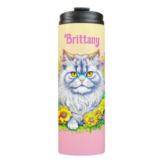 Weiße persische Katze bei Blume Personalisiert Thermosbecher (Vorderseite)