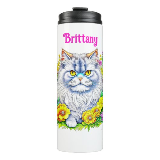 Weiße persische Katze bei Blume Personalisiert Thermosbecher (Vorderseite)
