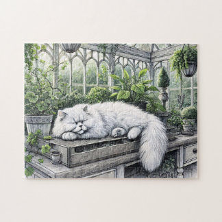 Weiße persische Katze in einem sonnenbeleuchteten  Puzzle