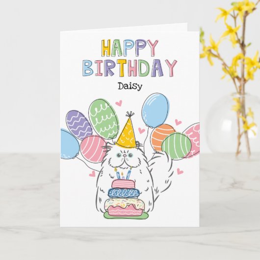 Weiße Persische Katze Longhday Party Karte (Gelbe Blume)