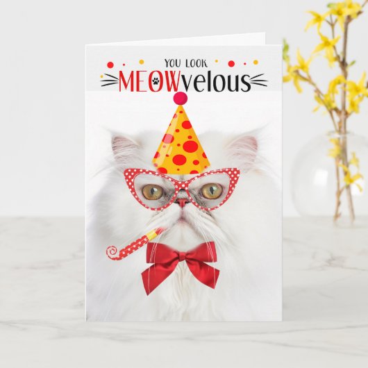 Weiße persische Katze MEOWvelous Geburtstag Karte (Gelbe Blume)