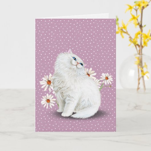 Weiße Persische Katze mit Gänsekarte Karte (Gelbe Blume)