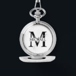 Weiße Personalisierte Monogramm und Name Armbanduhr<br><div class="desc">Personalisierte Monogramm- und Namensgeschenke mit personalisiertem schwarzem Monogramm im klassischen Serif-Schriftart-Stil mit Namensbox in der Mitte des Monogramms auf weißem Hintergrund.</div>