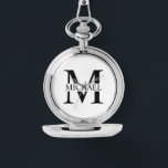 Weiße Personalisierte Monogramm und Name Armbanduhr<br><div class="desc">Personalisierte Monogramm- und Namensgeschenke mit personalisiertem schwarzem Monogramm im klassischen Serif-Schriftart-Stil mit Namensbox in der Mitte des Monogramms auf weißem Hintergrund.</div>