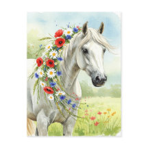Weiße Pferd-Wildblumen-Aquarell-Blumen-Postkarte
