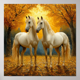Weiße Pferde Herbstwald Landschaft Romantisch Poster