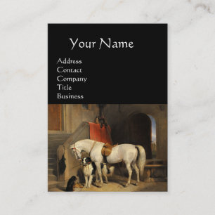 WEISSE PFERDE MIT HUNDEN UND FALKEN IN STABILEN, g Visitenkarte